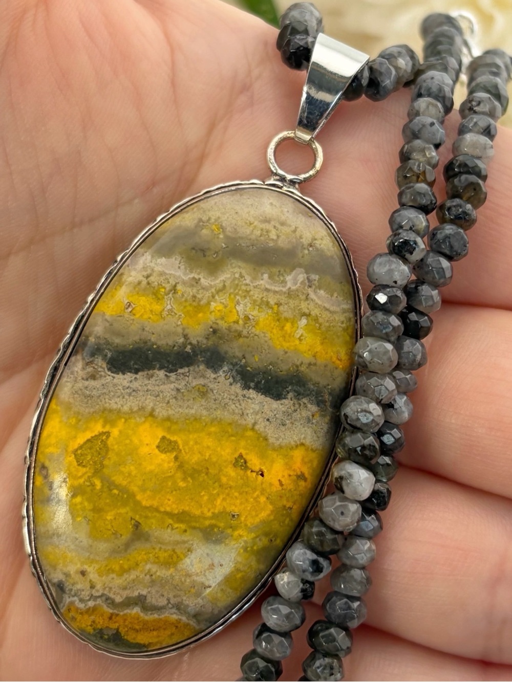 Large Bumblebee Jasper Pendant Moonstone Necklace 925 Sterling Silver Overlay